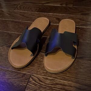 Black slide flat sandals, size 8